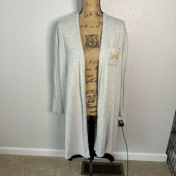 Madewell Grey Size M Rainbow Embroidered Cotton Robe NO BELT Pockets Boho Retro - Picture 2 of 13